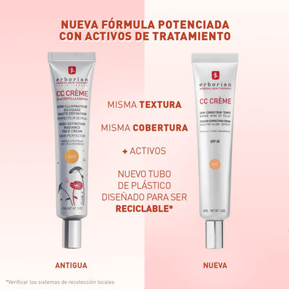 Erborian - CC Crème con Centella Asiática - Crema Facial Iluminadora de Alta Definición y Maquillaje - Protección Solar SPF 30 - Cosmética Coreana - Doré 40ml