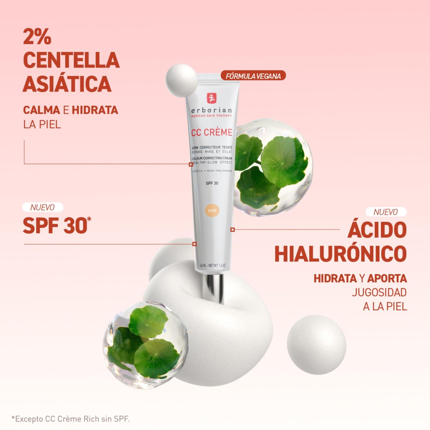Erborian - CC Crème con Centella Asiática - Crema Facial Iluminadora de Alta Definición y Maquillaje - Protección Solar SPF 30 - Cosmética Coreana - Doré 15ml